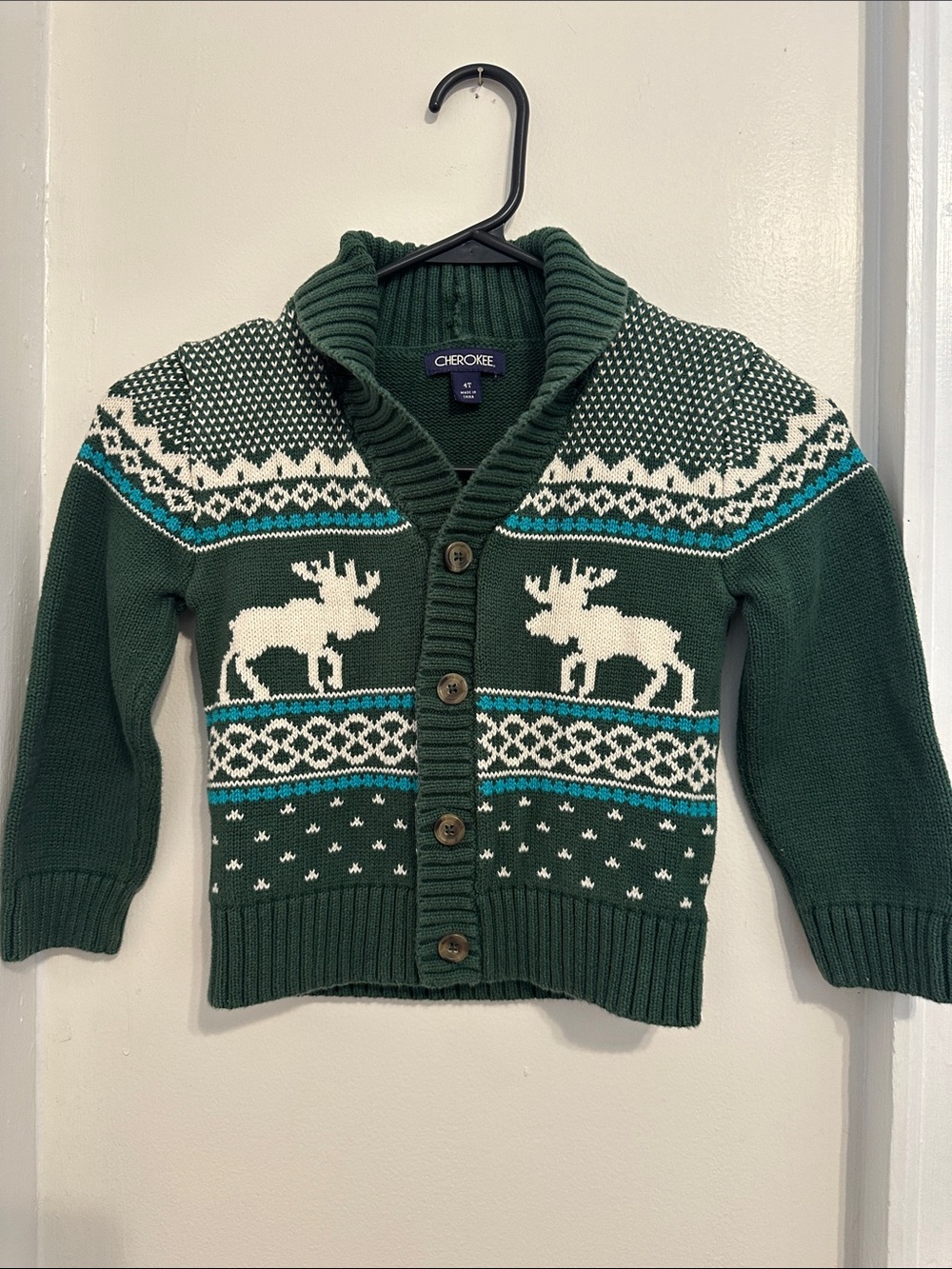 Cherokee Green & White Moose Shawl Collar Cardigan - Kids